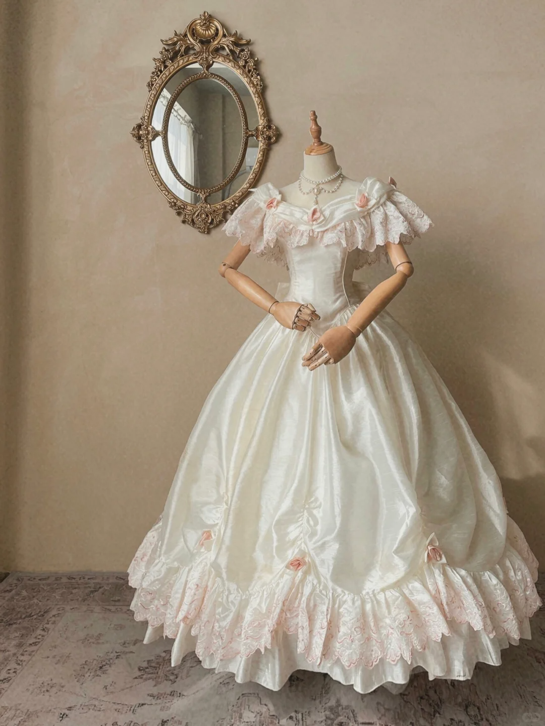 Sweety Retro Ball Gown Off the Shoulder Light Pink Rose Lace Satin Wedding Dress Prom Dress SH5891