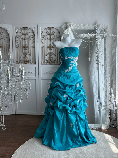 Vintage Blue A Line Strapless Lace Applique Pleated Satin Prom Dress Sweet 16 Dress SH5790