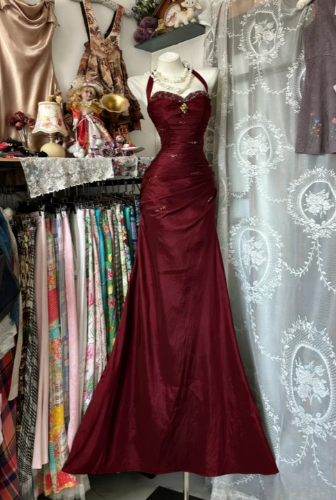 Vintage Halter Mermaid Long Prom Dresses Beaded Royal Blue Satin Birthday Dresses SH5041