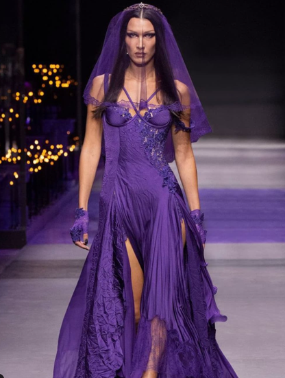 Unique A Line Spaghetti Strap Purple Lace Satin Prom Dress Evening Dress with Slit SH2263