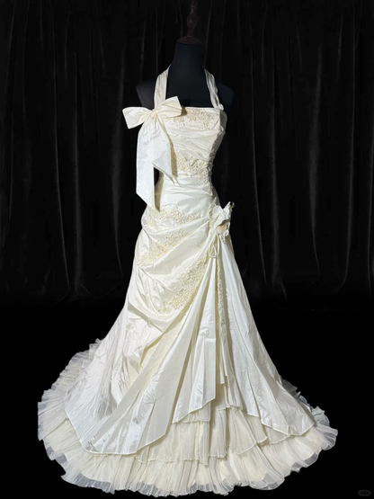 Vintage Ivory A Line Halter Appliques Bow Satin Prom Dress Evening Dress SH5606