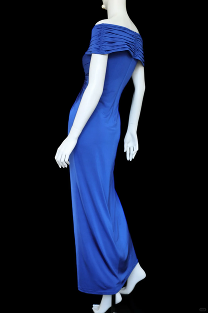 Vintage Blue A Line Off the Shoulder Pleated Satin Prom Dress Evening Dress SH5128