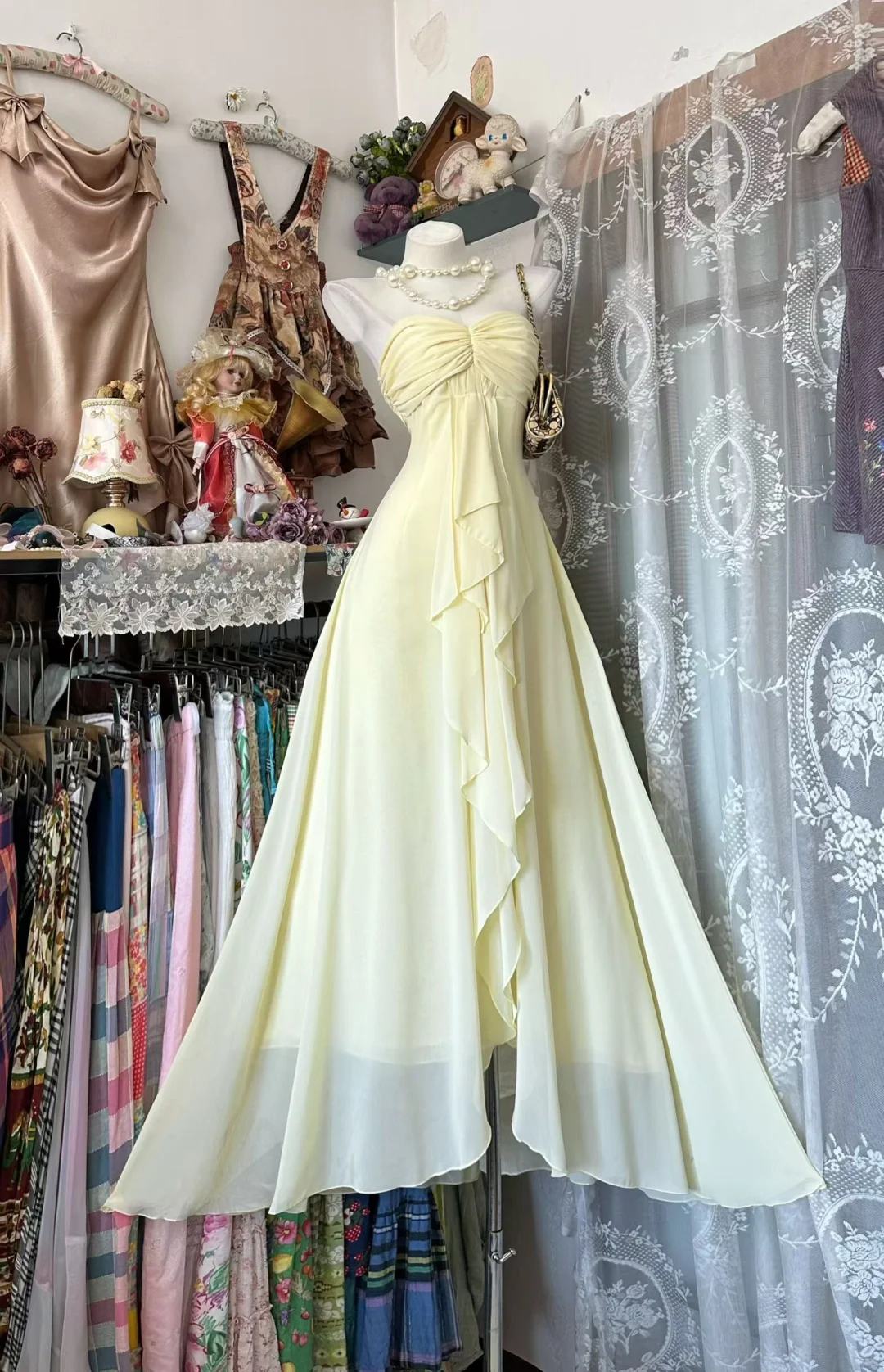 Vintage Light Yellow A Line Sweetheart Neck Ruffle Chiffon Prom Dress Evening Dress SH5685