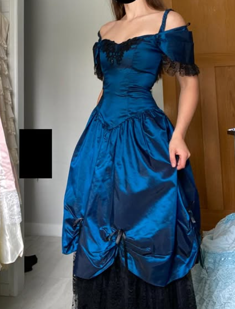 Vintage A Line Blue Satin Black Lace Prom Dress Evening Dress SH5901