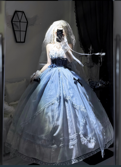Stunning Blue Bow A Line Lace Tulle Lolita Goth Boning Dress Prom Dress SH4911
