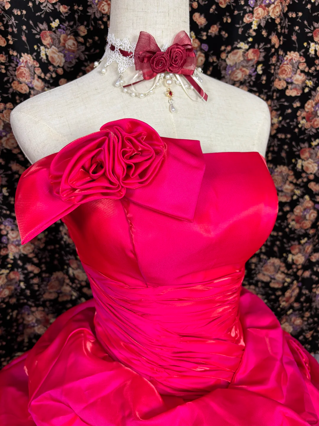 Vintage Hot Pink Ball Gown Strapless Pleated Satin Prom Dress Sweet 16 Dress SH5798