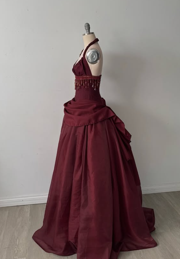 Vintage Burgundy Halter Beaded Satin Long Prom Dress Party Dress SH5531