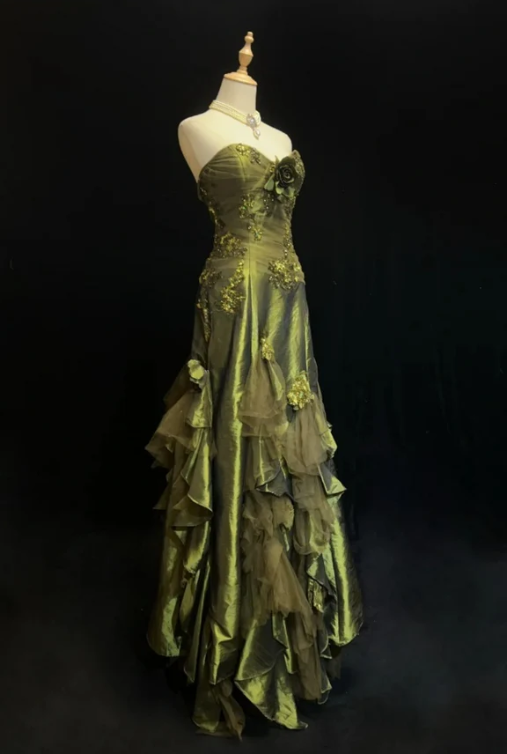 Vintage Green Mermaid Strapless Appliques Floral Satin Long Prom Dress SH5424