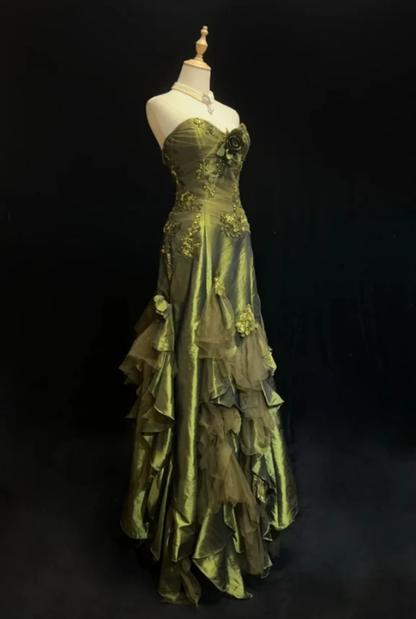 Vintage Green Mermaid Strapless Appliques Floral Satin Long Prom Dress SH5424