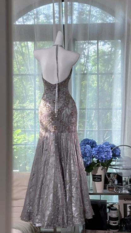 Vintage Grey Mermaid Spaghetti Strap Beaded Lace Prom Dress 22th Birthday Dress SH4415