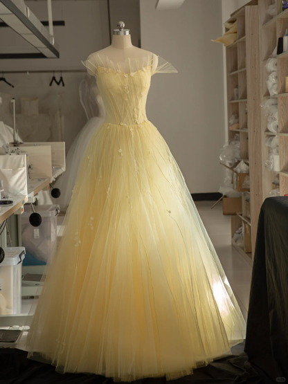 Stunning A Line Strapless Flower Light Yellow Tulle Long Prom Dress Evening Dress SH2993