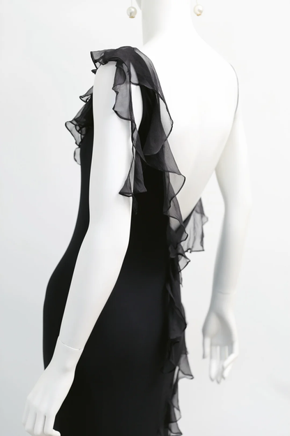 Vintage Flowy Sheath Straps Ruffle Black Chiffon Long Prom Dress Evening Dress SH5135