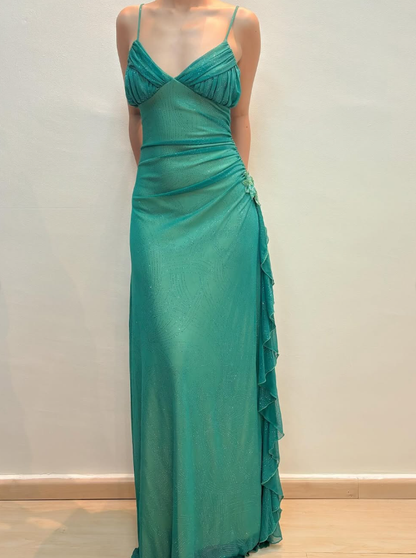 Vintage A Line Spaghetti Strap Rhinestone Green Chiffon Prom Dress Evening Dress SH2204