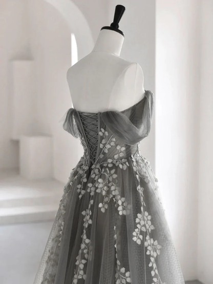 Grey Off Shoulder A-Line Tulle Appliques Long Formal Party Dress MD7248