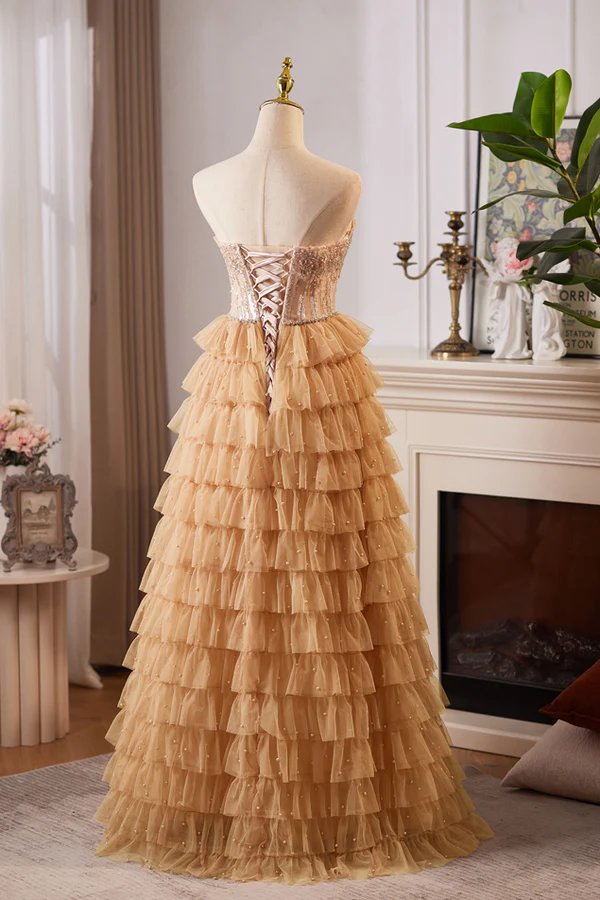 Champagne Gold Strapless A-Line Tulle Tiered Long Formal Prom Dress MD7596