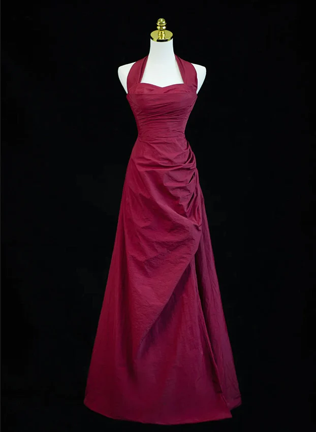 Burgundy Halter A-Line Vintage Long Formal Prom Dress MD7341