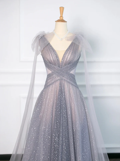 Gray Tulle V-Neck A-Line Backless Elegant Evening Party Dress MD7192