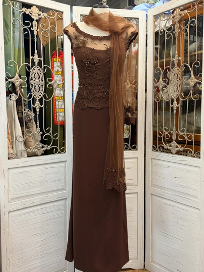 Vintage Brown A Line Round Neck Beaded Lace Chiffon Prom Dress Wedding Guest Dress SH5495