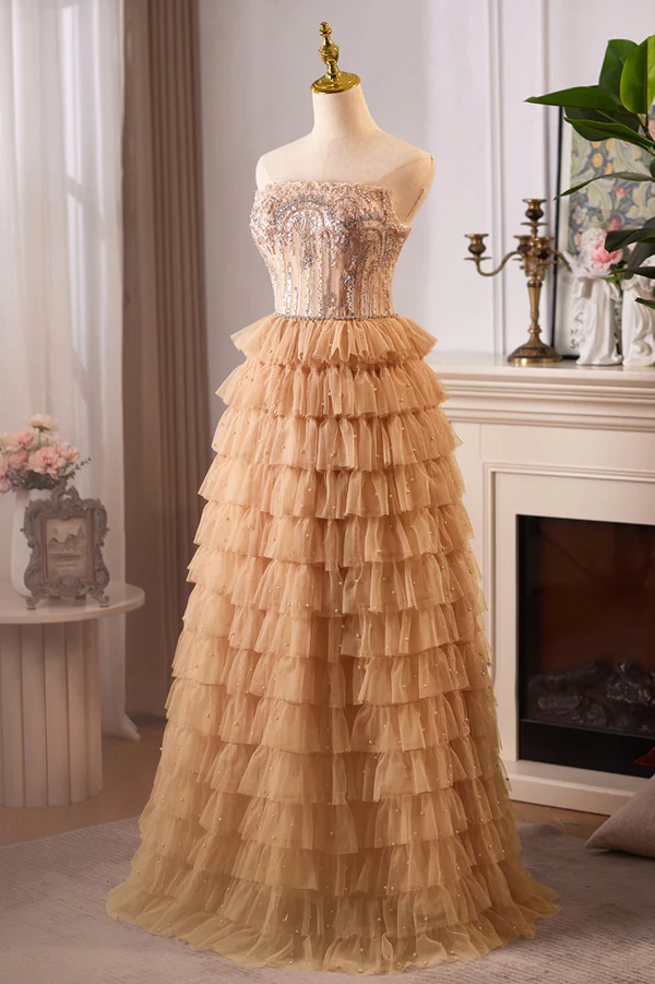 Champagne Gold Strapless A-Line Tulle Tiered Long Formal Prom Dress MD7596