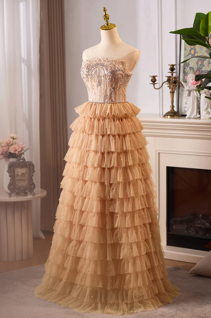 Champagne Gold Strapless A-Line Tulle Tiered Long Formal Prom Dress MD7596