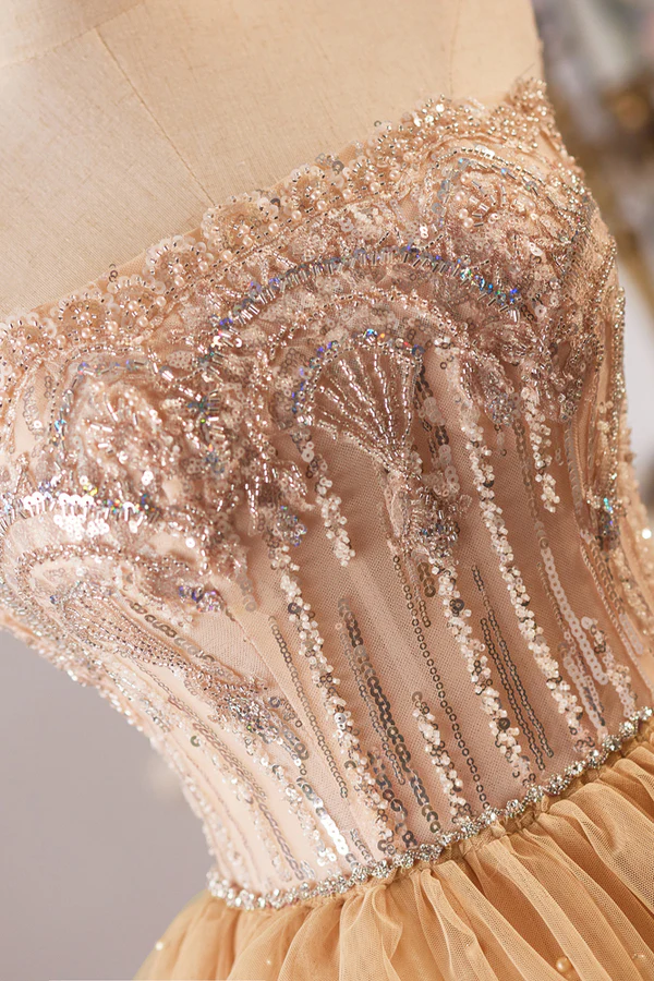 Champagne Gold Strapless A-Line Tulle Tiered Long Formal Prom Dress MD7596