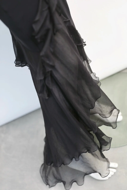 Vintage Flowy Sheath Straps Ruffle Black Chiffon Long Prom Dress Evening Dress SH5135