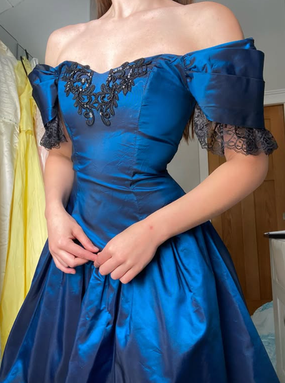 Vintage A Line Blue Satin Black Lace Prom Dress Evening Dress SH5901