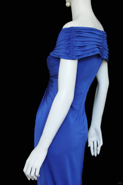 Vintage Blue A Line Off the Shoulder Pleated Satin Prom Dress Evening Dress SH5128