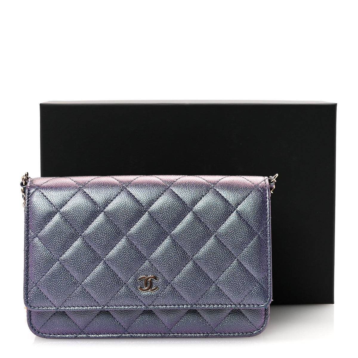 Iridescent Caviar Quilted Wallet on Chain WOC Dark Blue