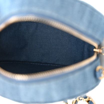 Denim Quilted Round Pearl Crush Clutch With Chain Blue