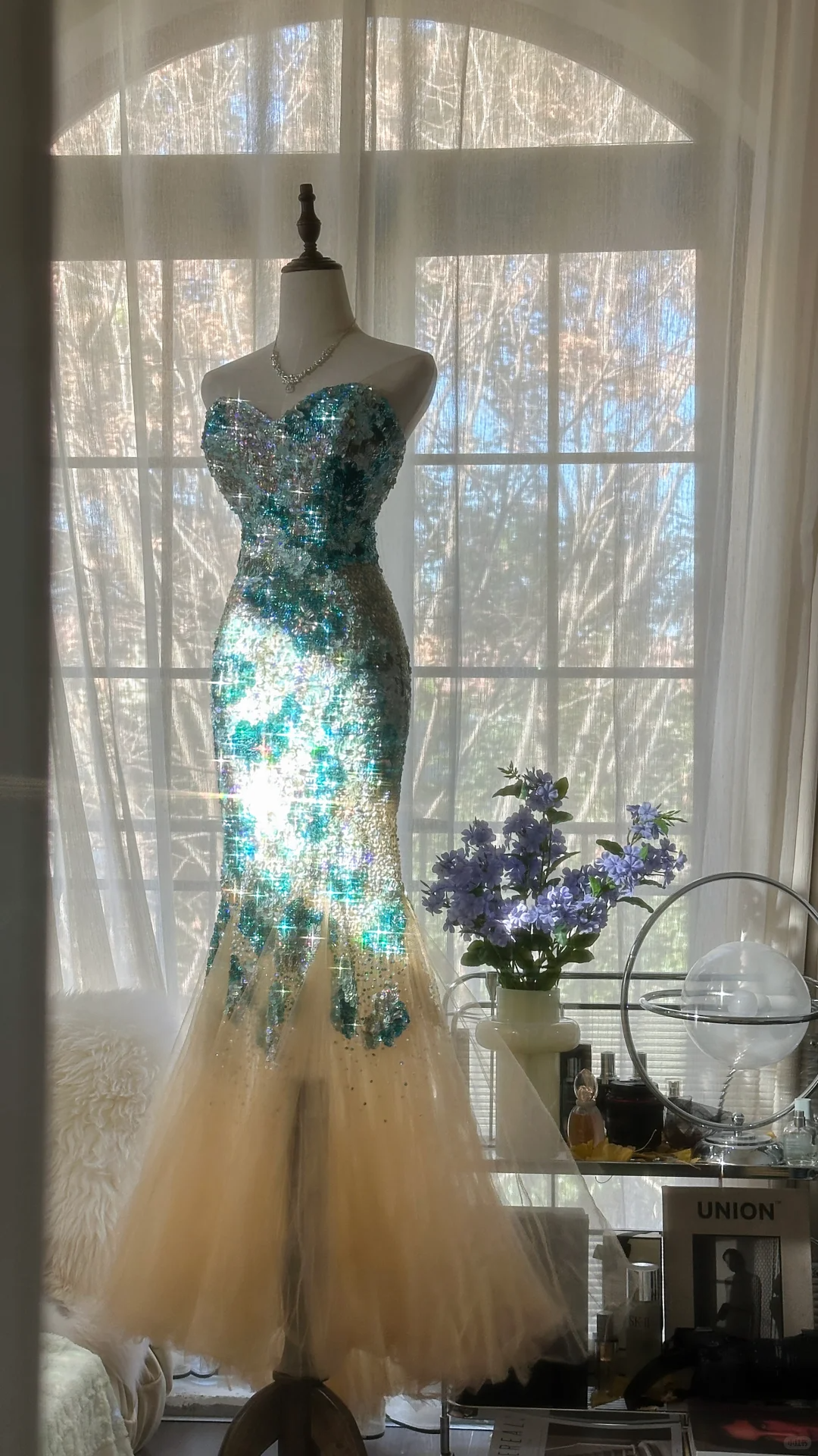 Gorgeous Mermaid Blue-green Sparkling Strapless Elegant Beaded Shinny Chiffon Evening Dress Prom Dress D1469