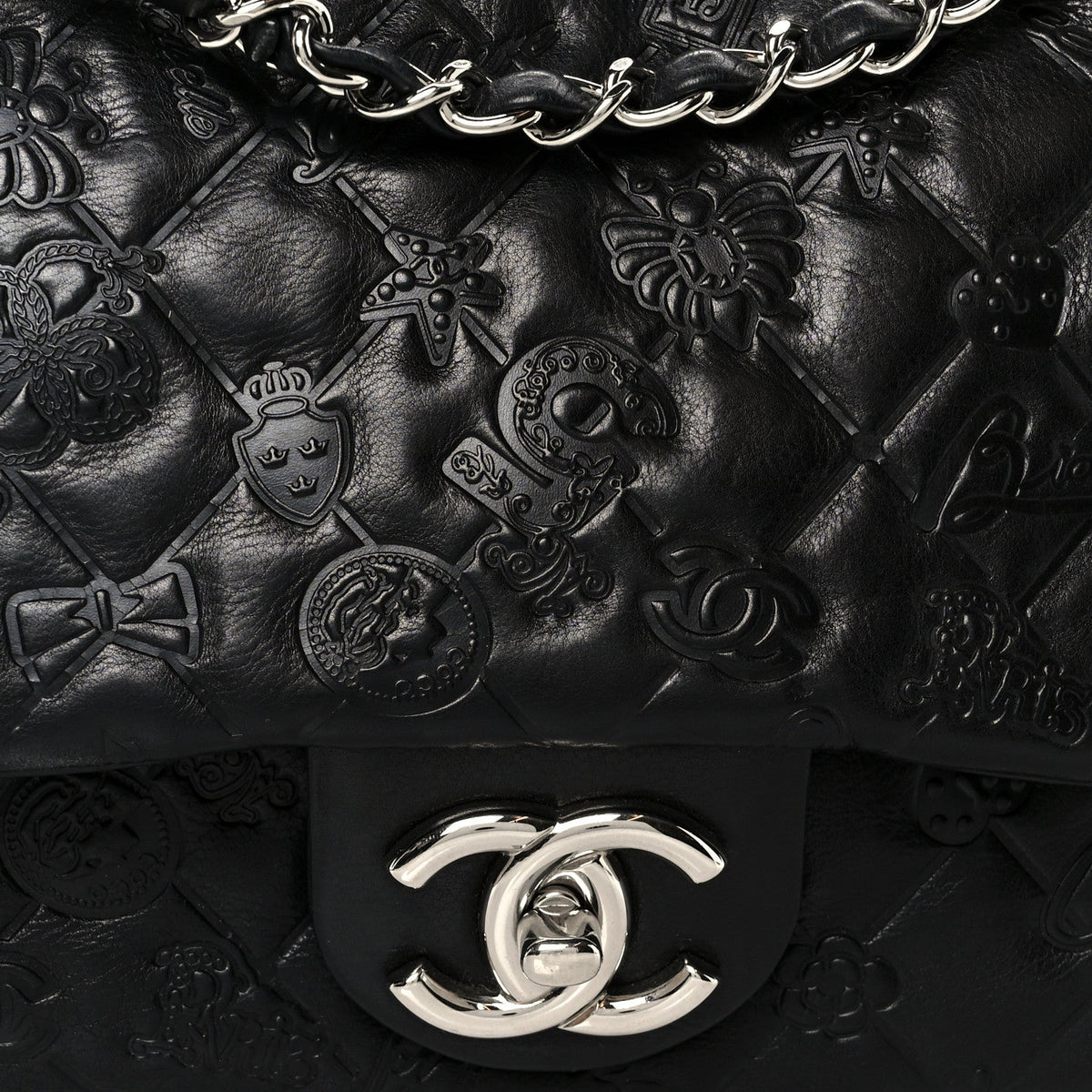 Calfskin Embossed Large Lucky Symbols Flap Black