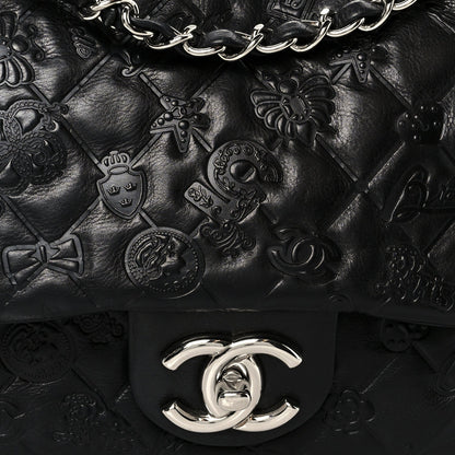 Calfskin Embossed Large Lucky Symbols Flap Black