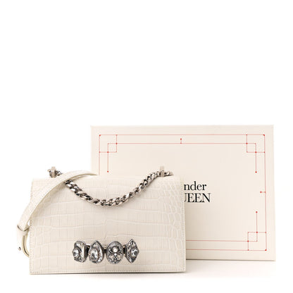 Shiny Calfskin Crocodile Embossed Knuckle Jeweled Crossbody White
