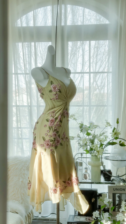 Vintage Light Green Spaghetti Strap Floral Design A-line Romantic Chiffon Evening Dress Prom Dress D1504
