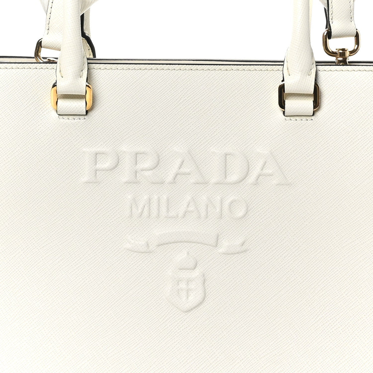 Saffiano Lux Logo Embossed Medium Shoulder Tote Handbag White