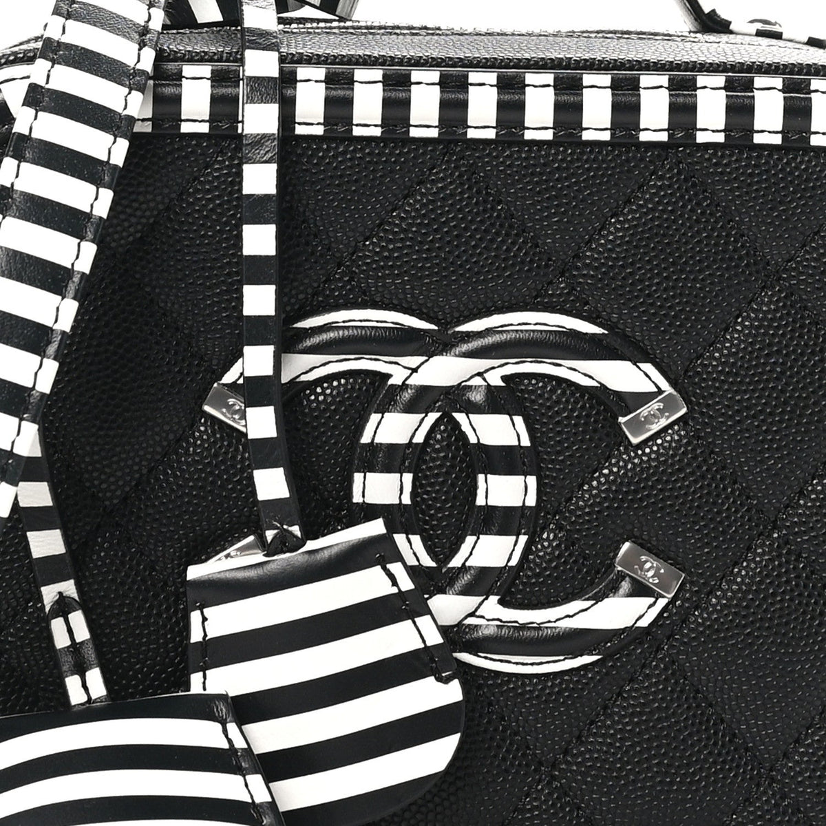 Caviar Quilted Striped Small CC Filigree Vanity Case Black White