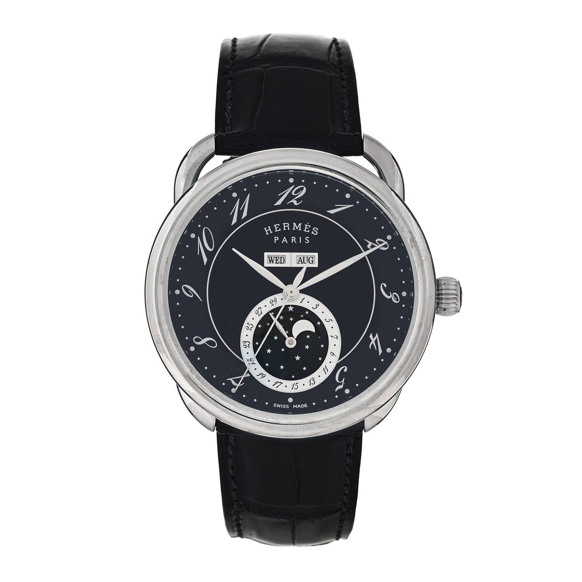 Stainless Steel Alligator 43mm Arceau Grande Lune Automatic Watch Bleu Abysse