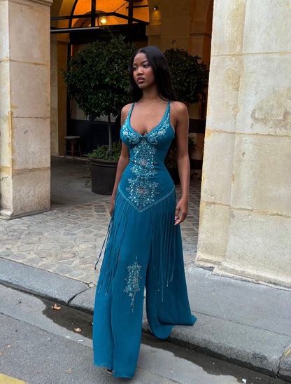Vintage A Line V Neck Cerulean Beaded Chiffon Long Prom Dress Evening Dress SH5329