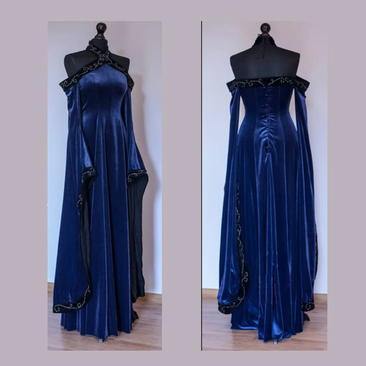 Vintage Dark Blue Halter Neck A-Line Velvet Long Formal Prom Dress Evening Dress, D828