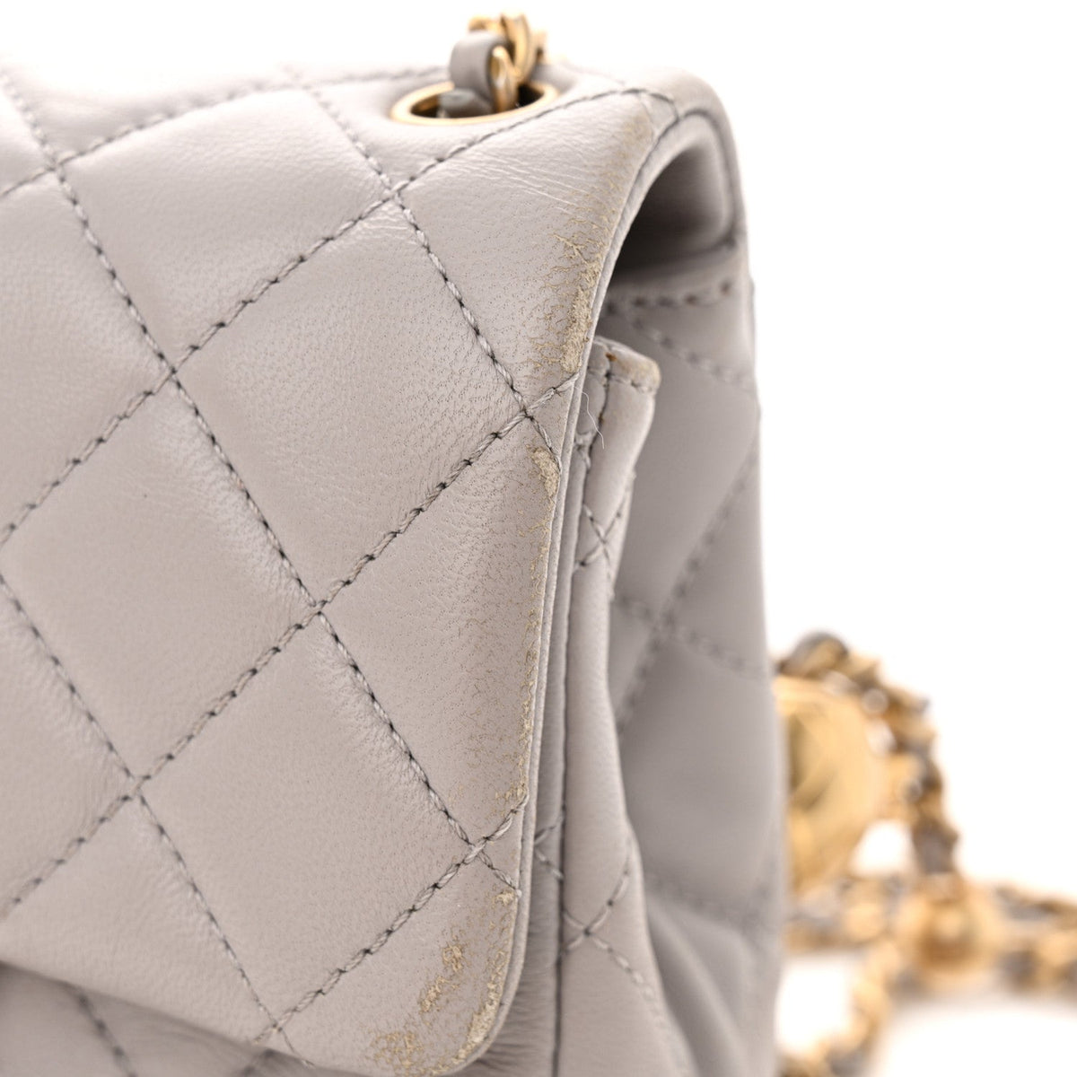 Lambskin Quilted Mini Pearl Crush Flap Light Grey