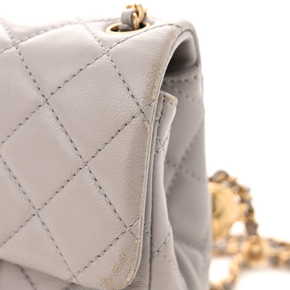 Lambskin Quilted Mini Pearl Crush Flap Light Grey