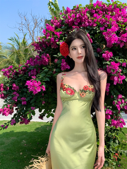Vintage Green Floral Mermaid Spaghetti Strap Design Satin Prom Dress Evening Dress D1701