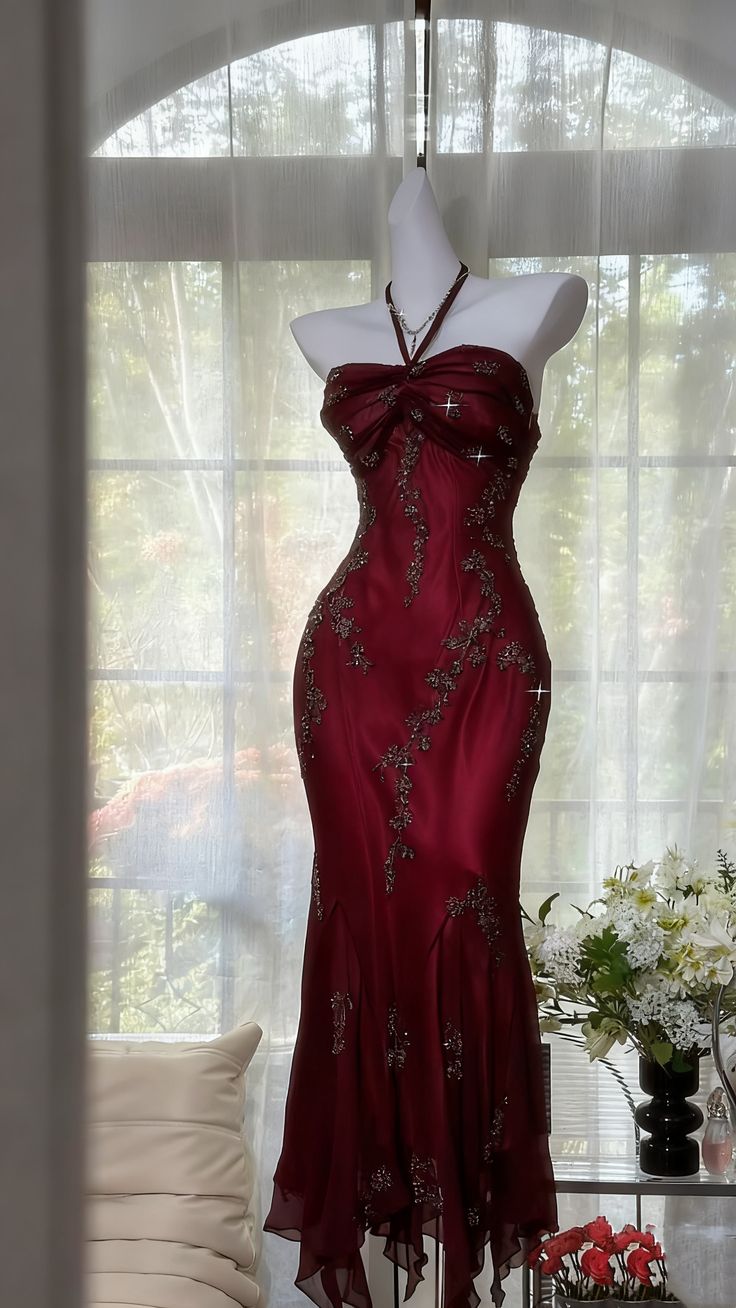 Vintage Green Mermaid Halter Beaded Chiffon Prom Dress SH5071
