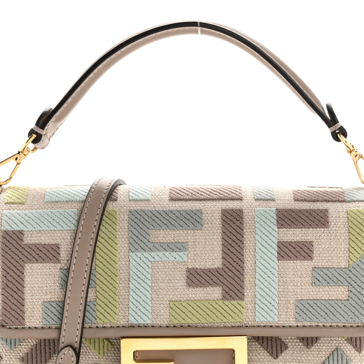 Canvas Vitello King Seta FF Embroidered Mini Baguette Matcha Milk Dove