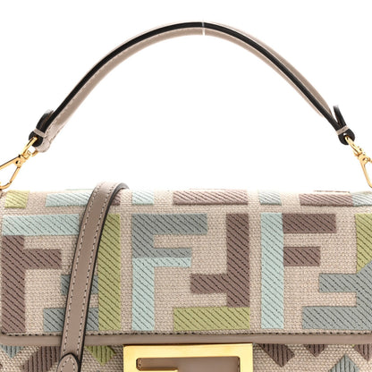 Canvas Vitello King Seta FF Embroidered Mini Baguette Matcha Milk Dove
