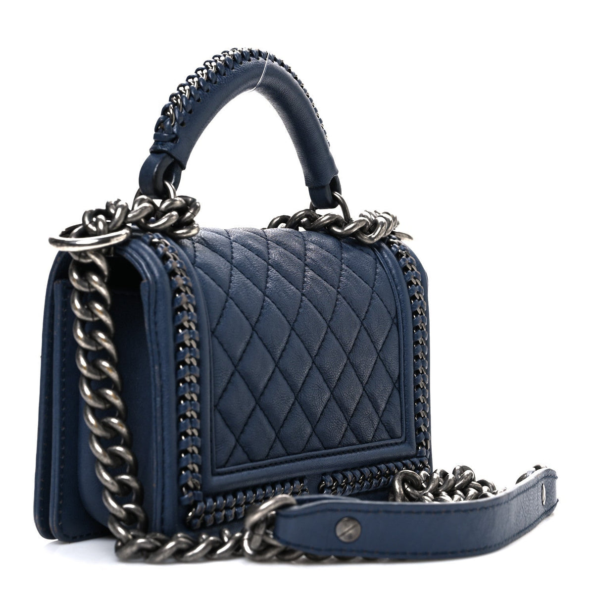 Calfskin Quilted Small Top Handle Boy Flap Navy