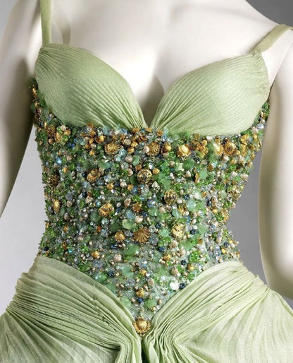 Vintage Ball Gown A Line Spaghetti Strap Beaded Pleated Green Tulle Party Dress Evening Dress SH2849
