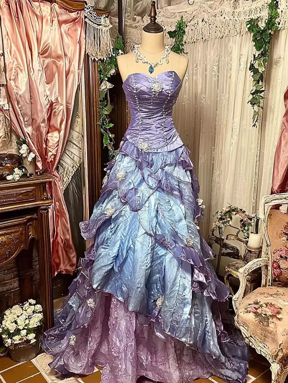 Vintage Blue Purple Ombre Pleated Satin Layered Organza Prom Dress Evening Dress SH5665