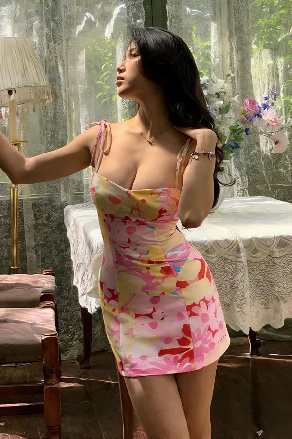 Summer Colorful Sheath Straps Print Floral Satin Short Homecoming Dress Outfits SH5813